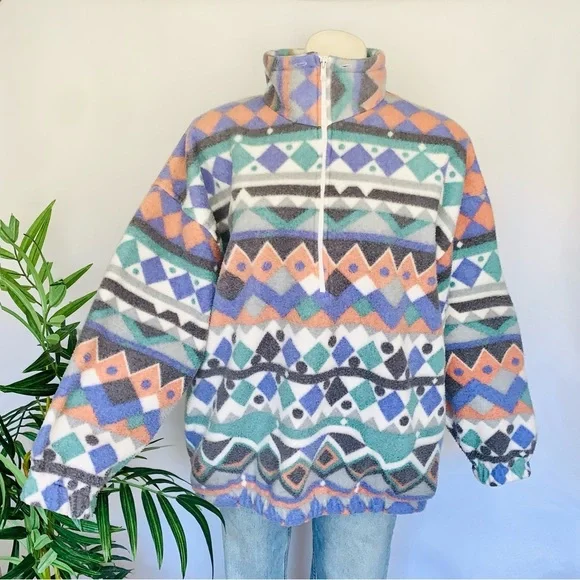 v i n t a g e :: Retro Oversized Aztec Fleece Jacket Pullover - Picture 9 of 9